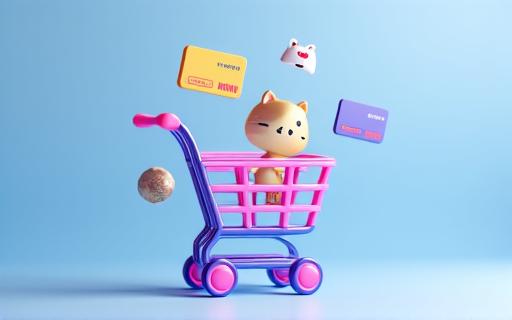 A stylized shopping cart and payment icons representing e-commerce.